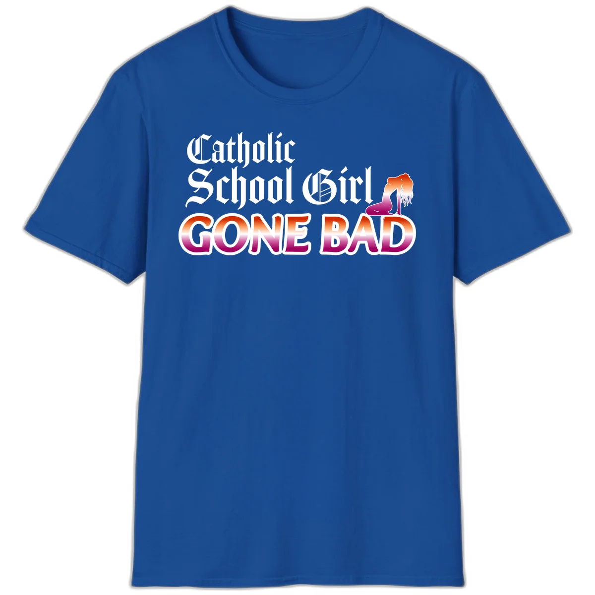 Catholic school girl gone bad design with gothic lettering in orange-to-pink gradient and silhouette figure illustration in Royal