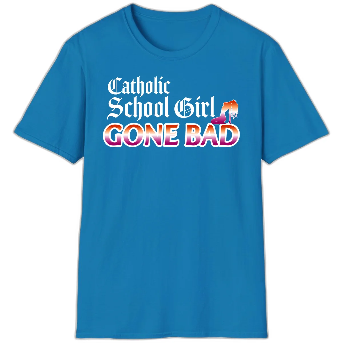Catholic school girl gone bad design with gothic lettering in orange-to-pink gradient and silhouette figure illustration in Sapphire