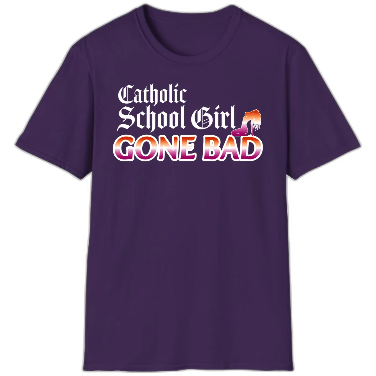 Catholic school girl gone bad design with gothic lettering in orange-to-pink gradient and silhouette figure illustration in Purple