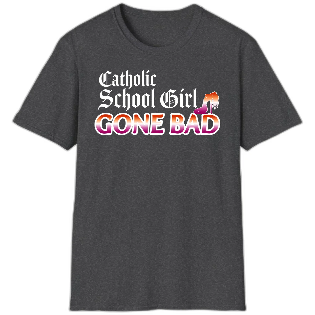Catholic school girl gone bad design with gothic lettering in orange-to-pink gradient and silhouette figure illustration in Dark Heather