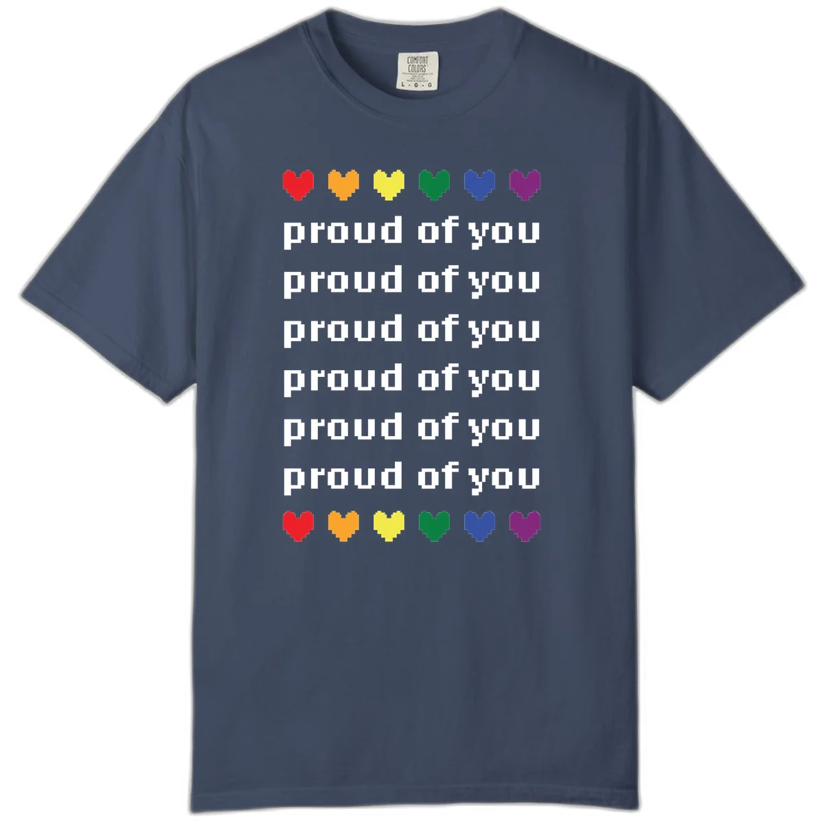 Pixelated rainbow hearts in pride flag colors with repeated 'proud of you' text on gray background in Midnight