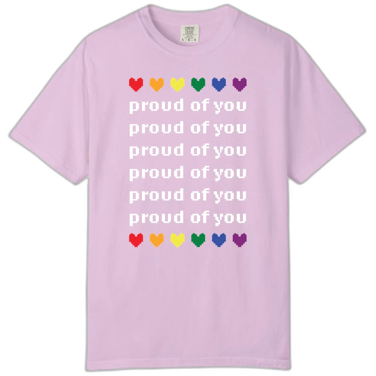 Pixelated rainbow hearts in pride flag colors with repeated 'proud of you' text on gray background in Orchid