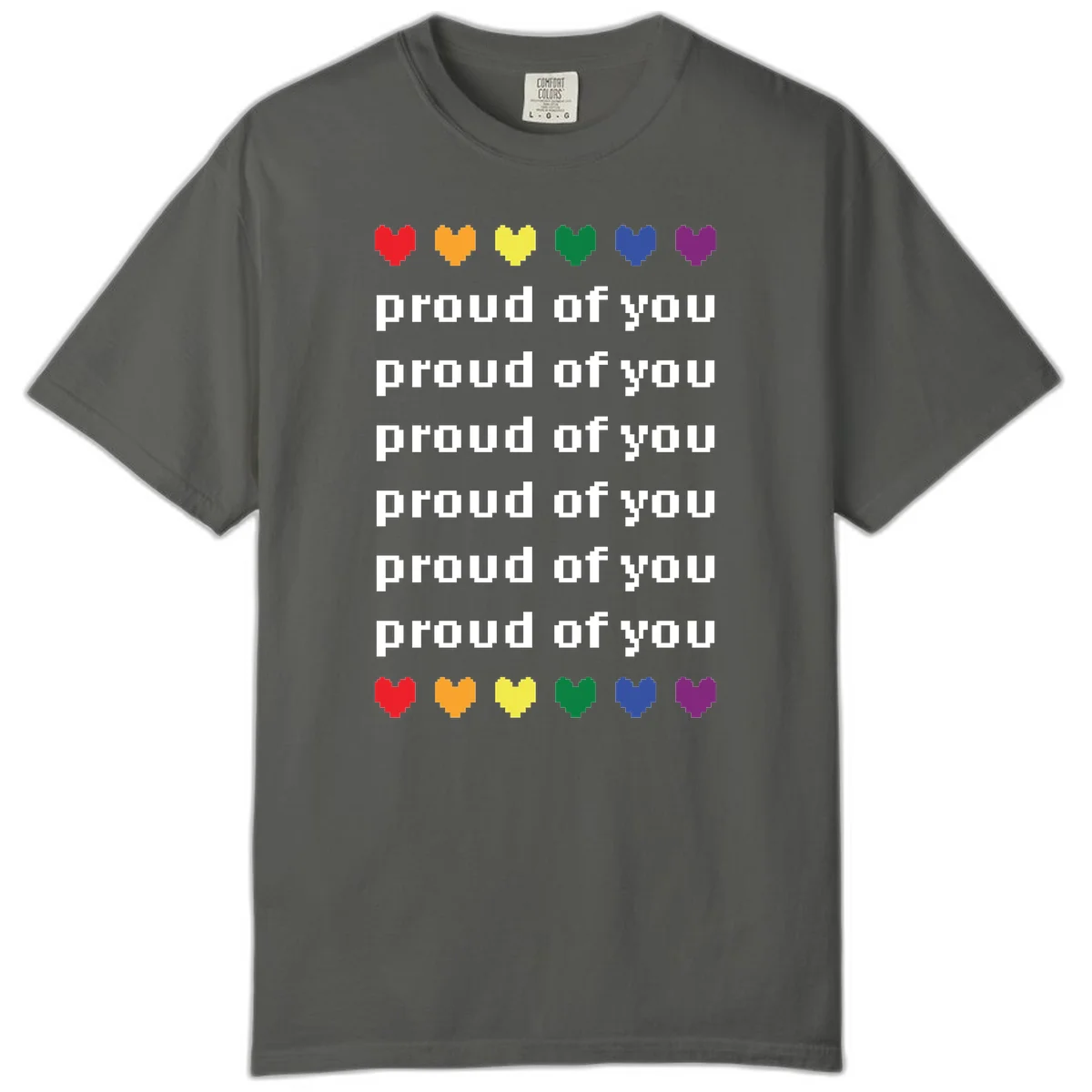 Pixelated rainbow hearts in pride flag colors with repeated 'proud of you' text on gray background in Pepper