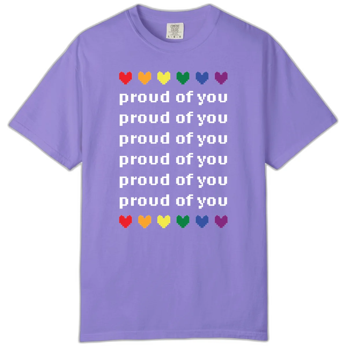 Pixelated rainbow hearts in pride flag colors with repeated 'proud of you' text on gray background in Violet