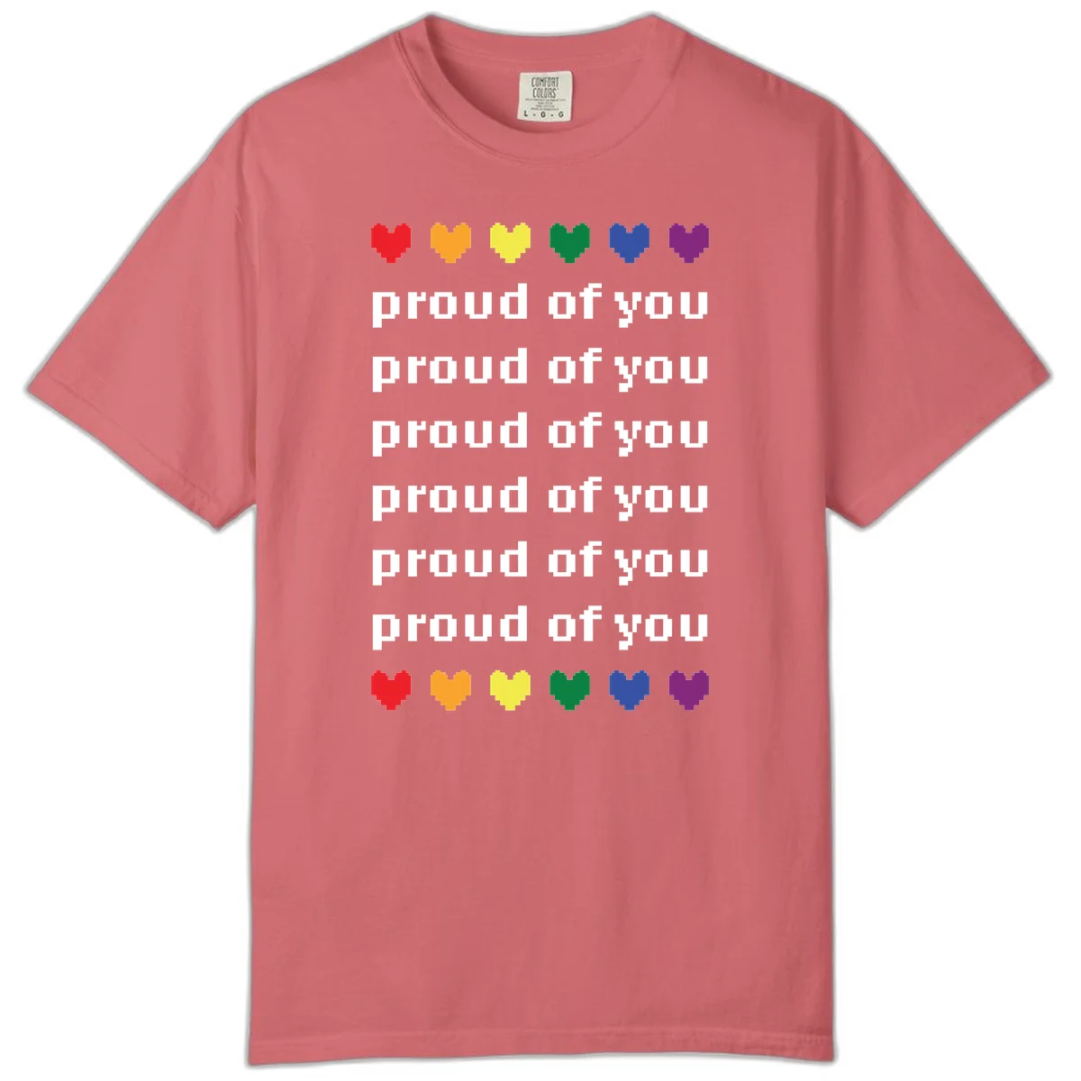 Pixelated rainbow hearts in pride flag colors with repeated 'proud of you' text on gray background in Watermelon