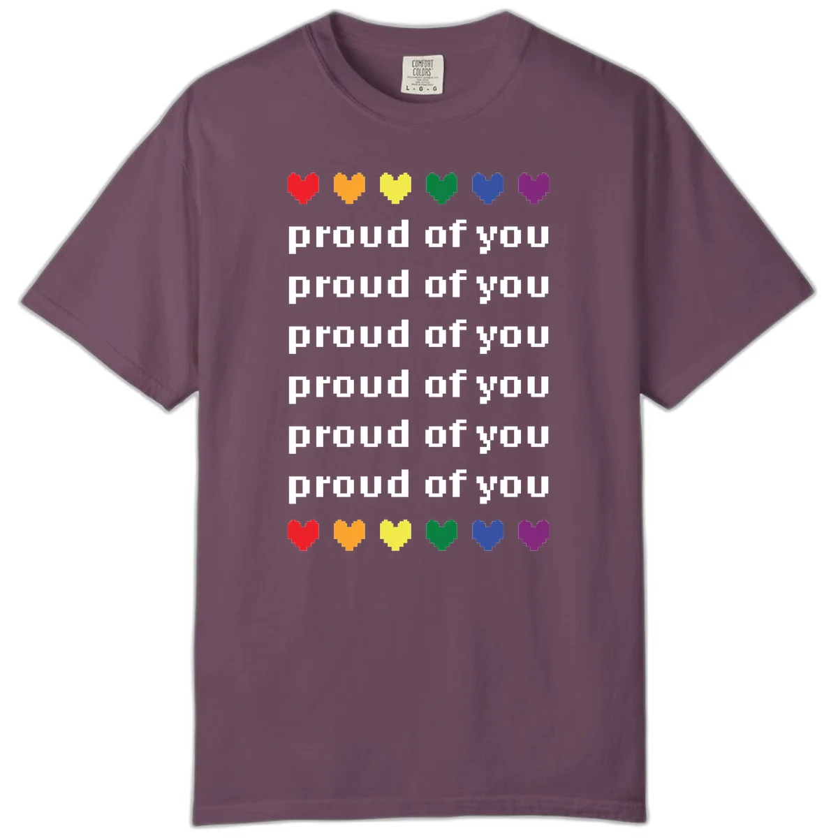 Pixelated rainbow hearts in pride flag colors with repeated 'proud of you' text on gray background in Berry
