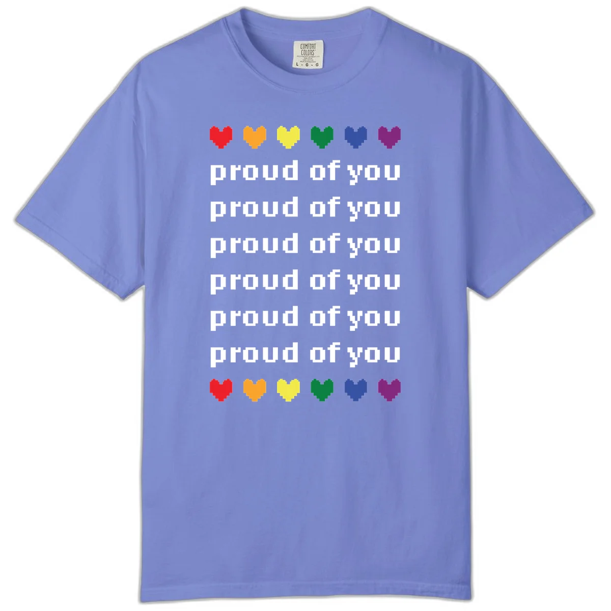 Pixelated rainbow hearts in pride flag colors with repeated 'proud of you' text on gray background in Flo Blue