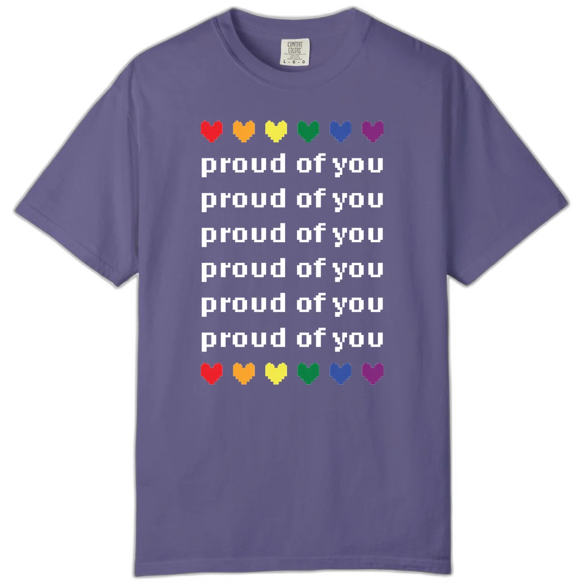 Pixelated rainbow hearts in pride flag colors with repeated 'proud of you' text on gray background in Grape
