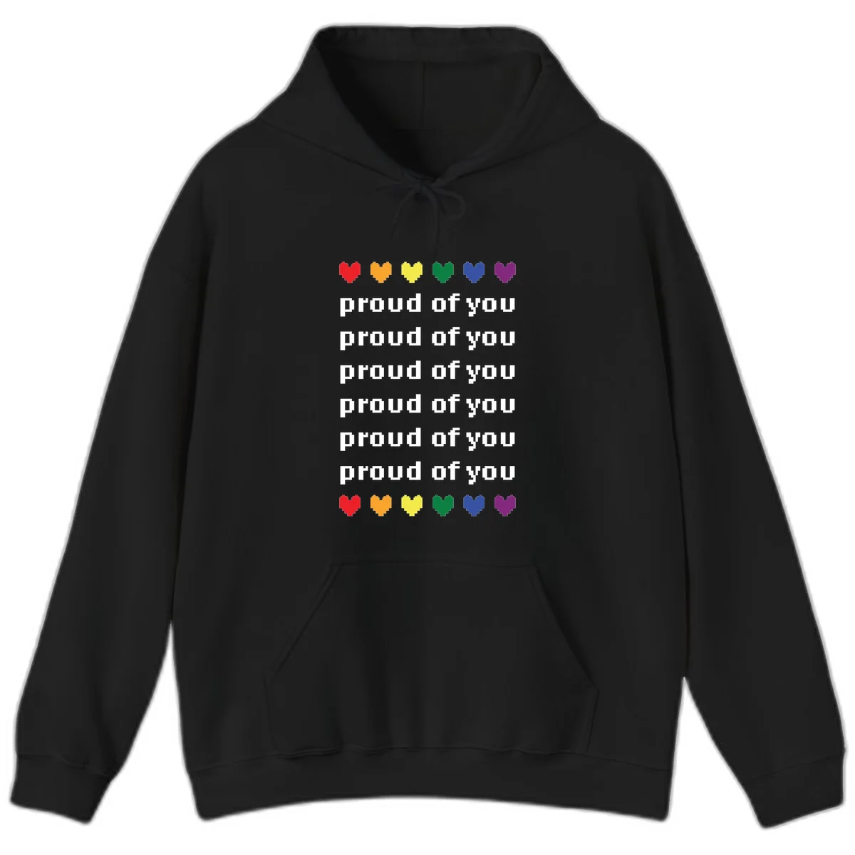 Pixelated rainbow hearts in pride flag colors with repeated 'proud of you' text on gray background in Black