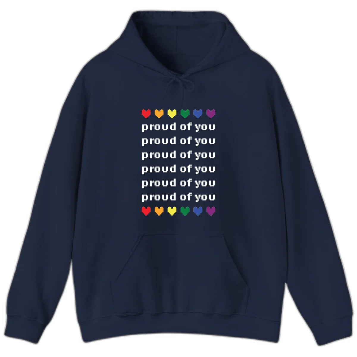 Pixelated rainbow hearts in pride flag colors with repeated 'proud of you' text on gray background in Navy