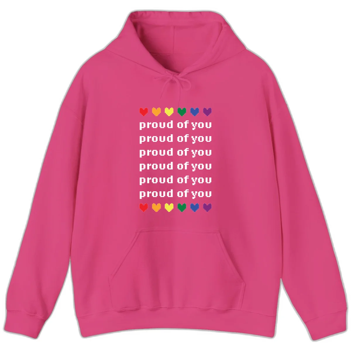Pixelated rainbow hearts in pride flag colors with repeated 'proud of you' text on gray background in Heliconia