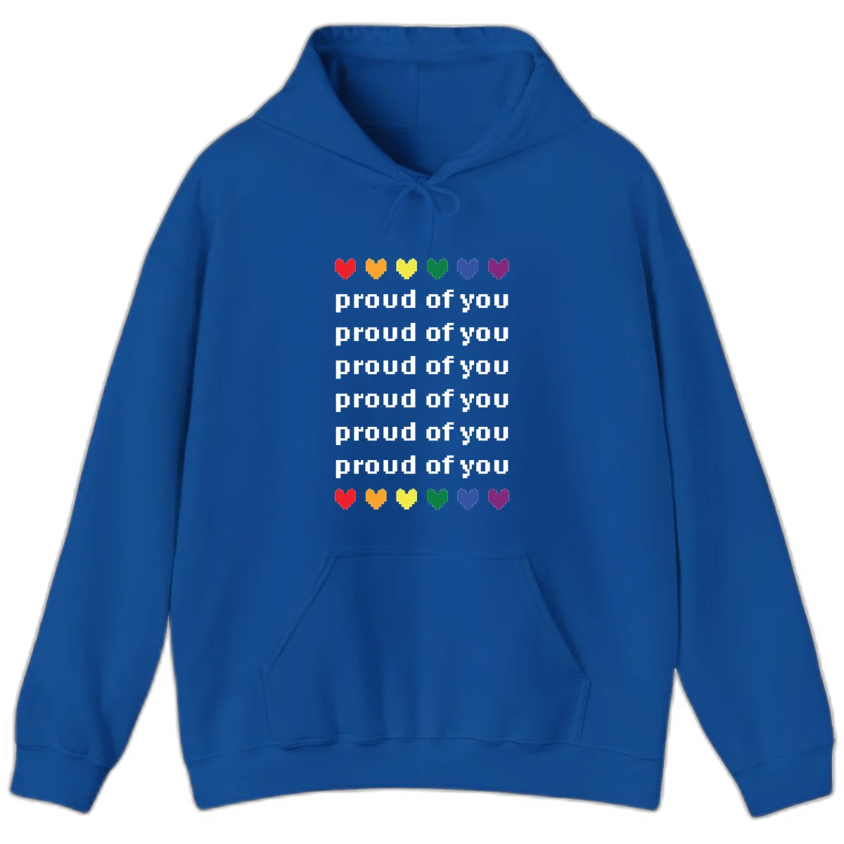 Pixelated rainbow hearts in pride flag colors with repeated 'proud of you' text on gray background in Royal