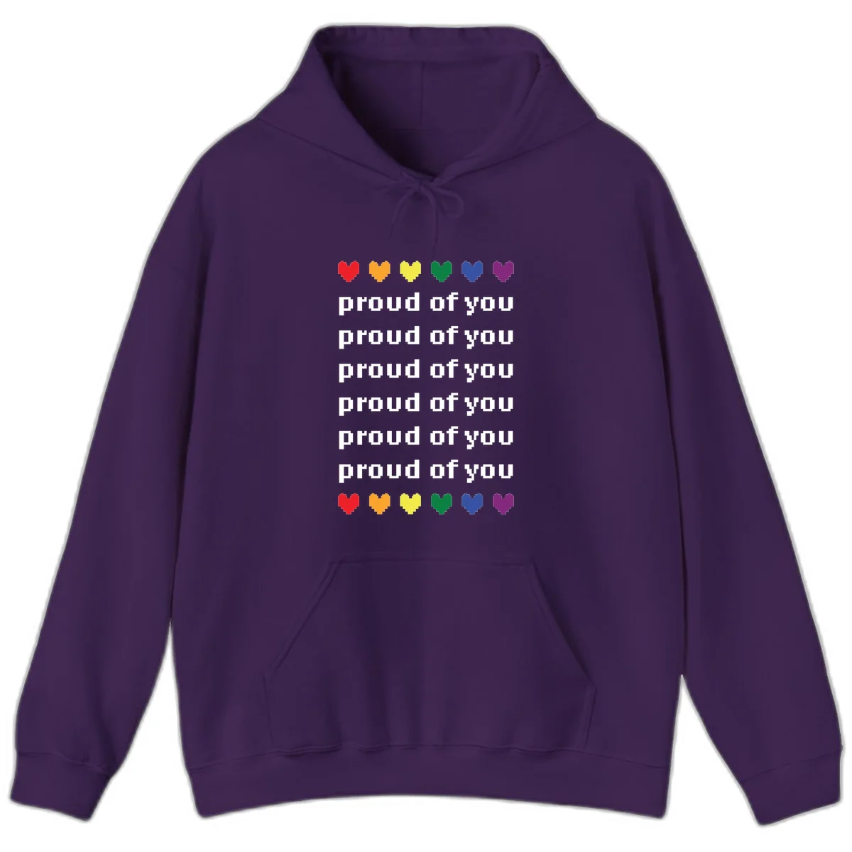 Pixelated rainbow hearts in pride flag colors with repeated 'proud of you' text on gray background in Purple