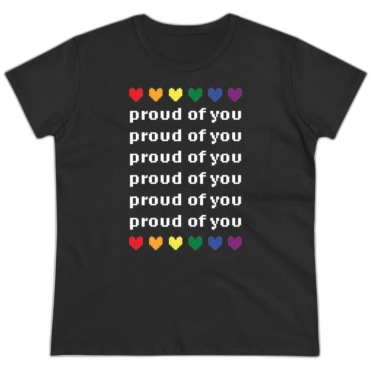 Pixelated rainbow hearts in pride flag colors with repeated 'proud of you' text on gray background in Black