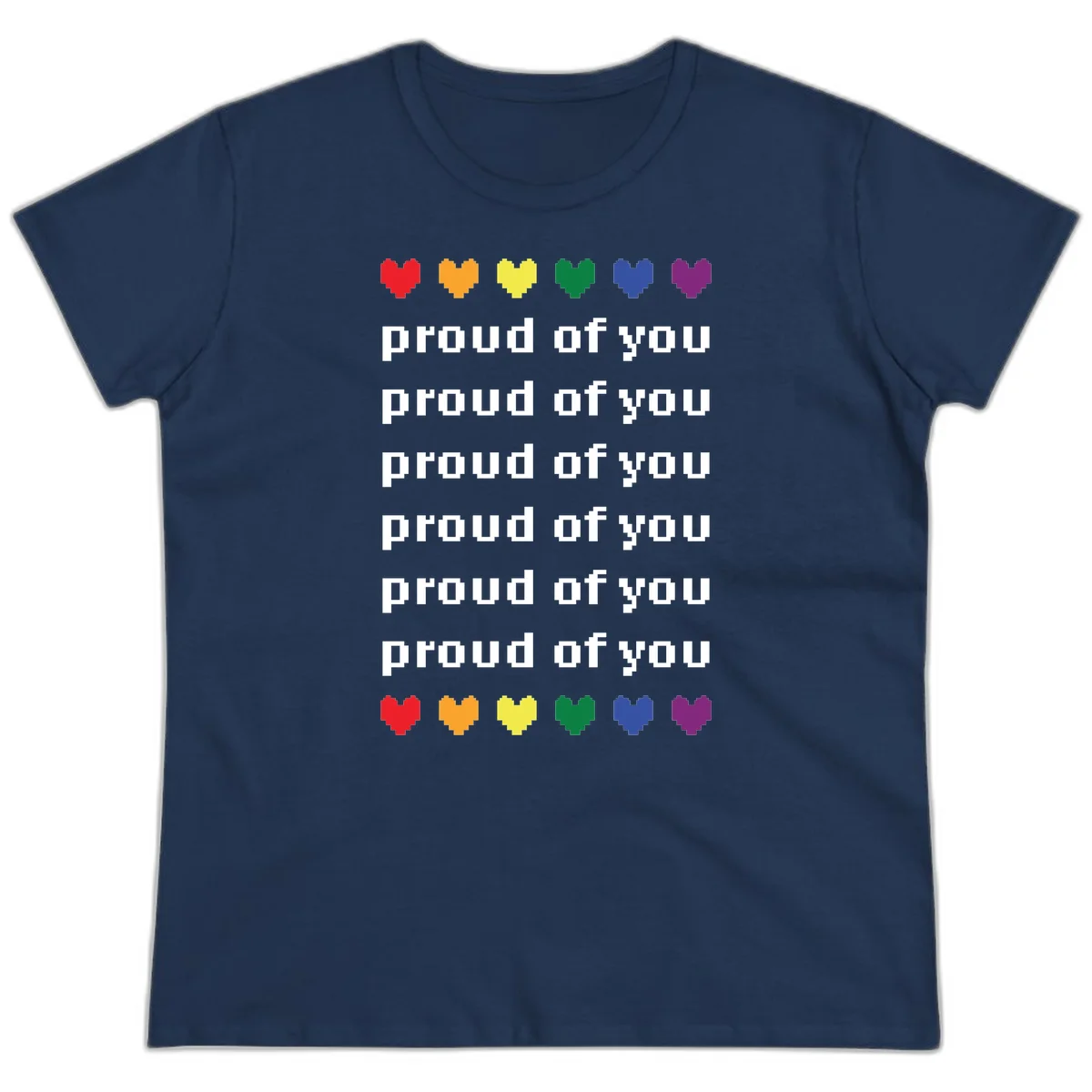 Pixelated rainbow hearts in pride flag colors with repeated 'proud of you' text on gray background in Navy