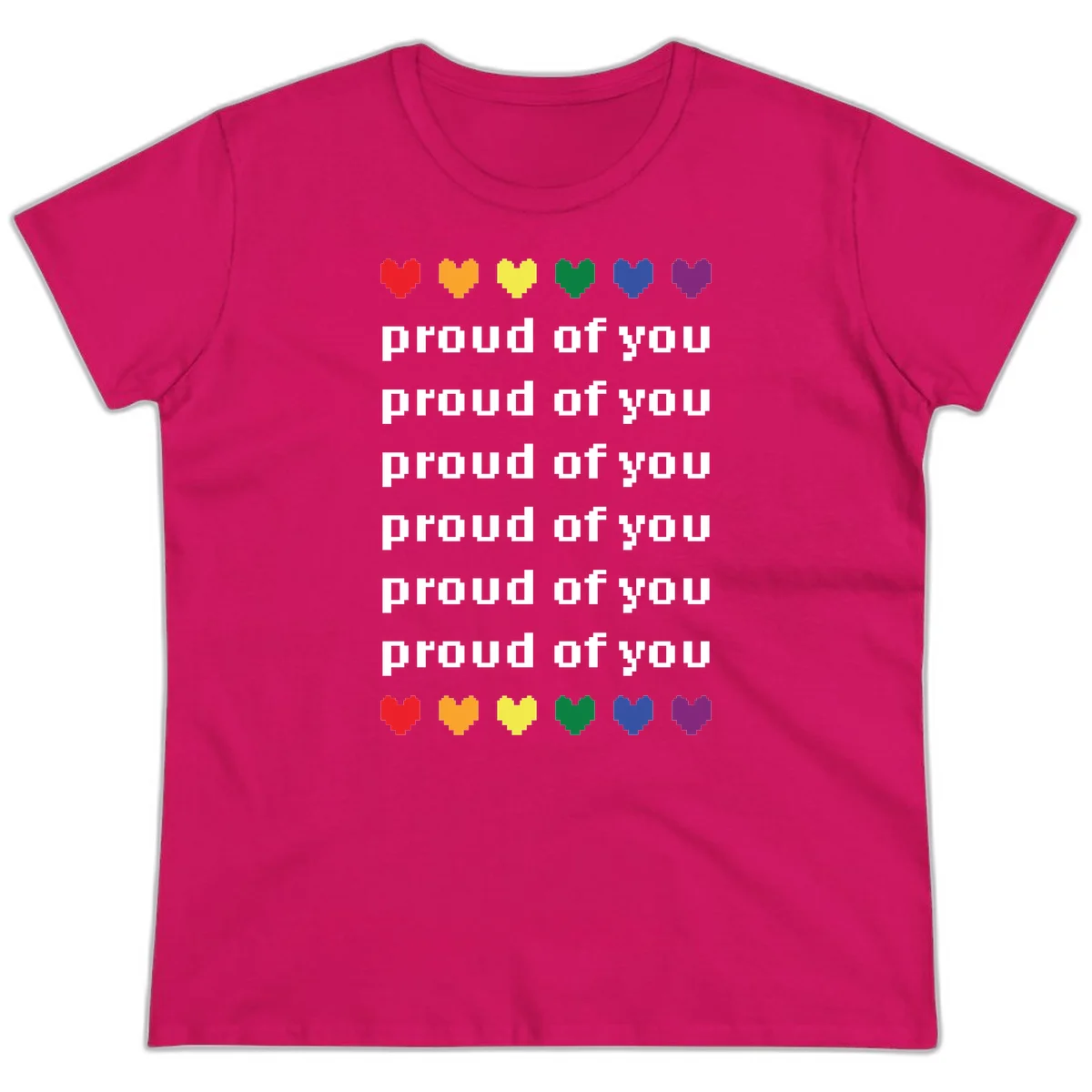 Pixelated rainbow hearts in pride flag colors with repeated 'proud of you' text on gray background in Heliconia