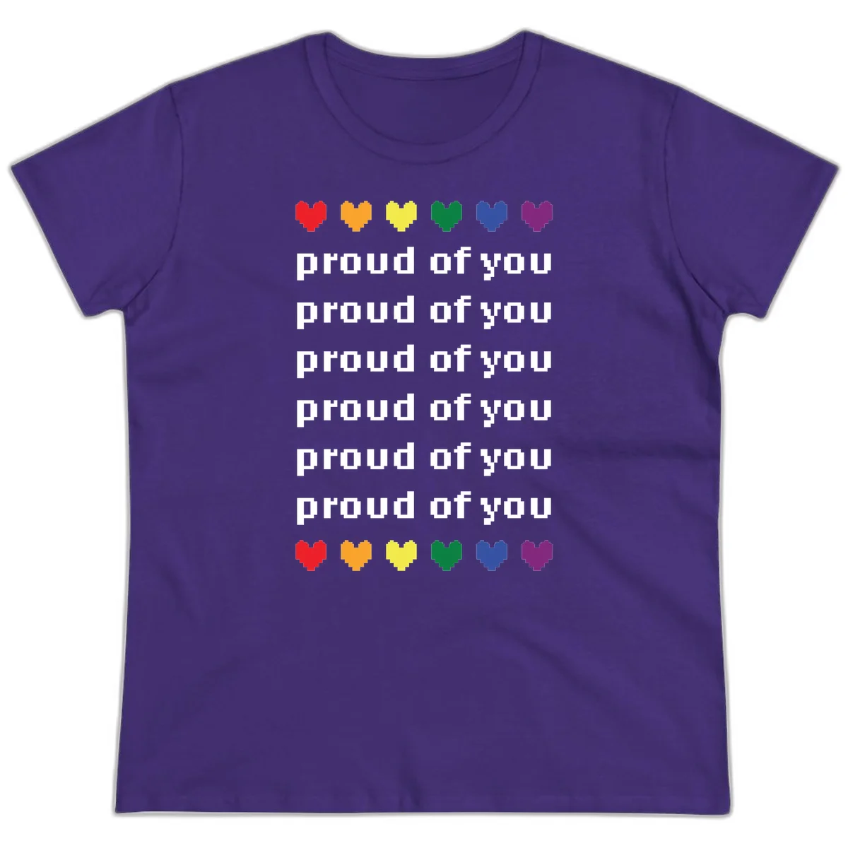 Pixelated rainbow hearts in pride flag colors with repeated 'proud of you' text on gray background in Purple