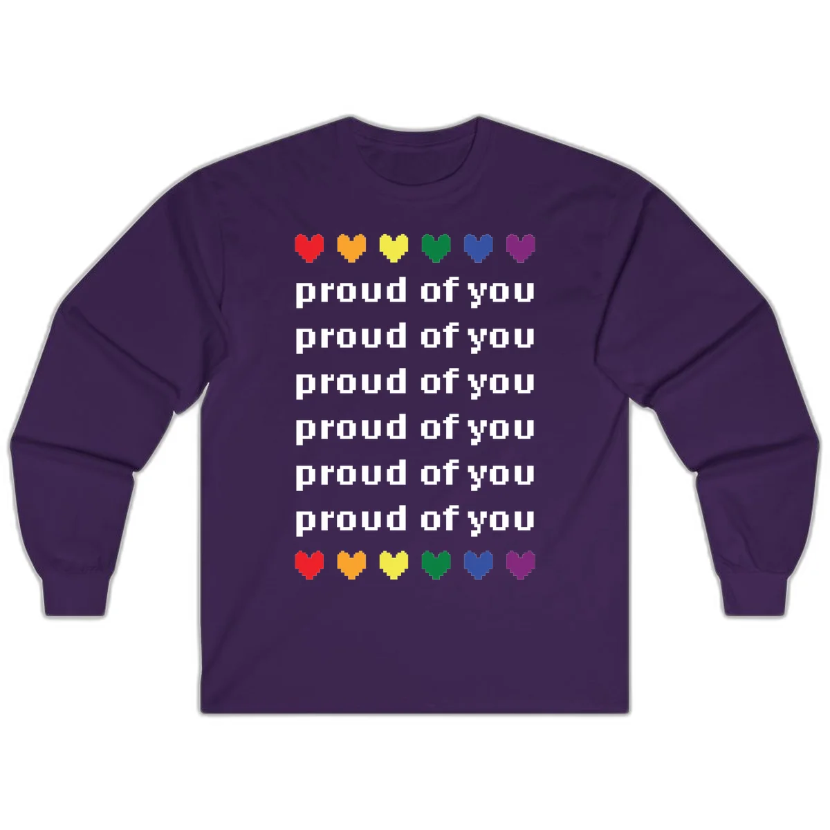 Pixelated rainbow hearts in pride flag colors with repeated 'proud of you' text on gray background in Purple