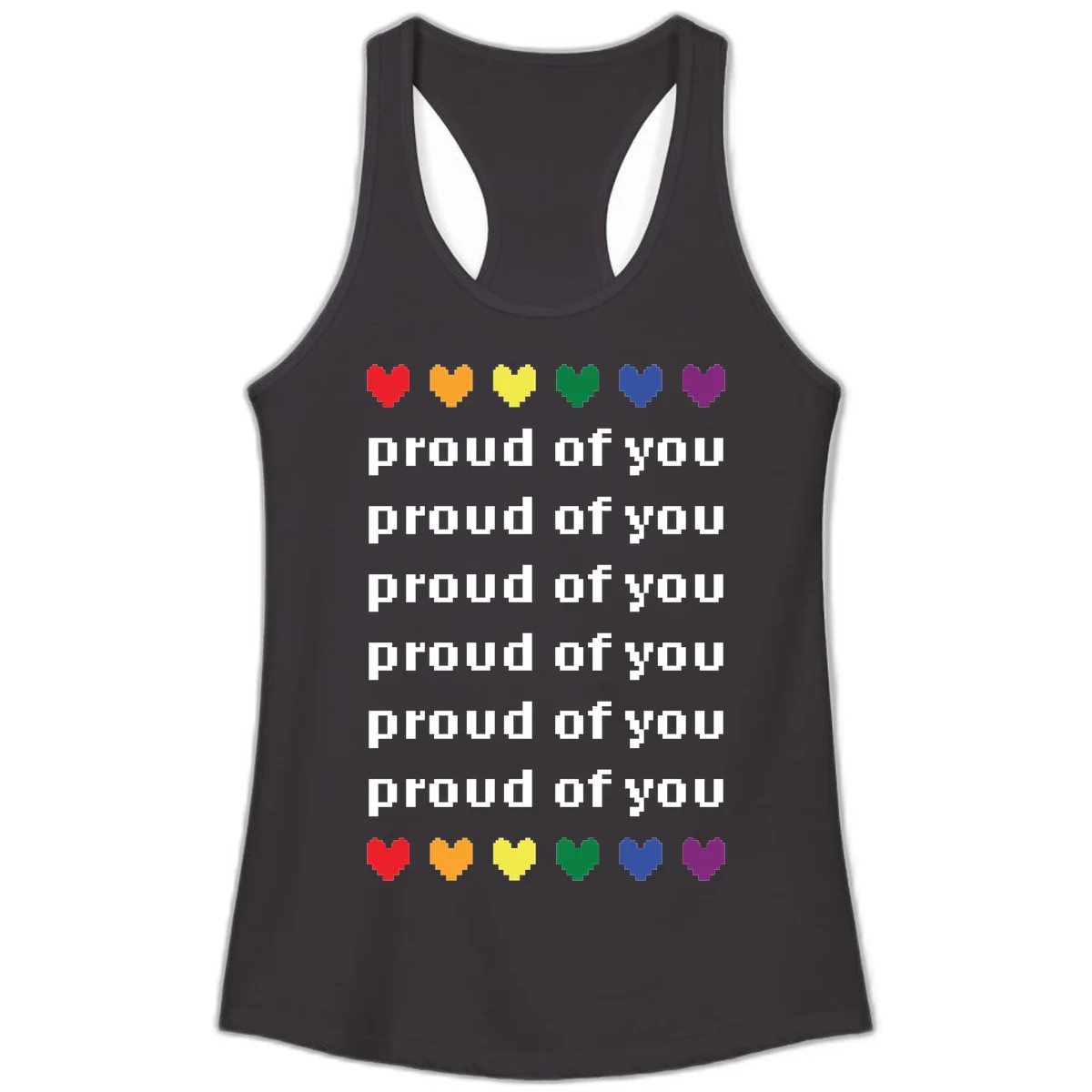 Pixelated rainbow hearts in pride flag colors with repeated 'proud of you' text on gray background in Black