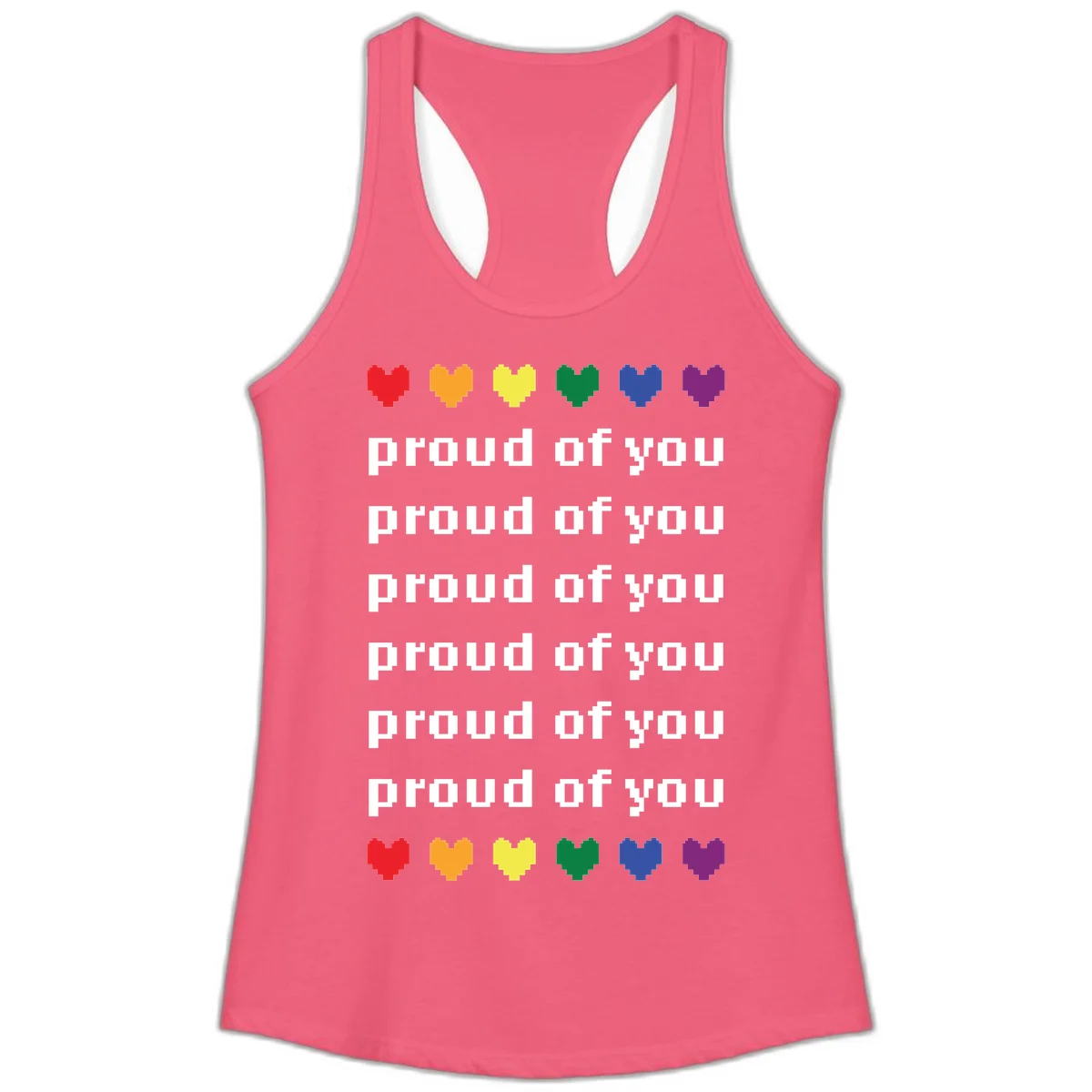 Pixelated rainbow hearts in pride flag colors with repeated 'proud of you' text on gray background in Hot Pink
