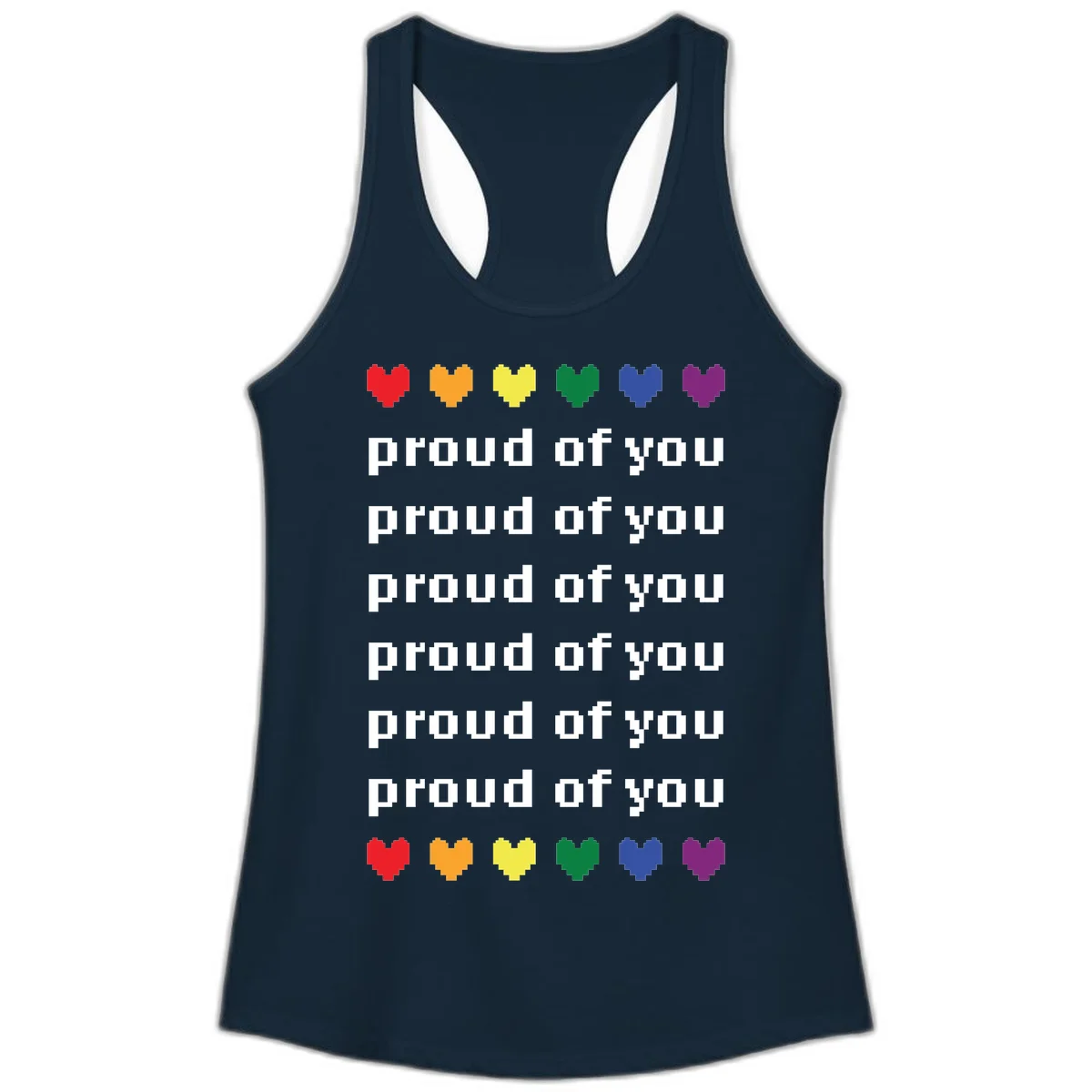 Pixelated rainbow hearts in pride flag colors with repeated 'proud of you' text on gray background in Solid Midnight Navy