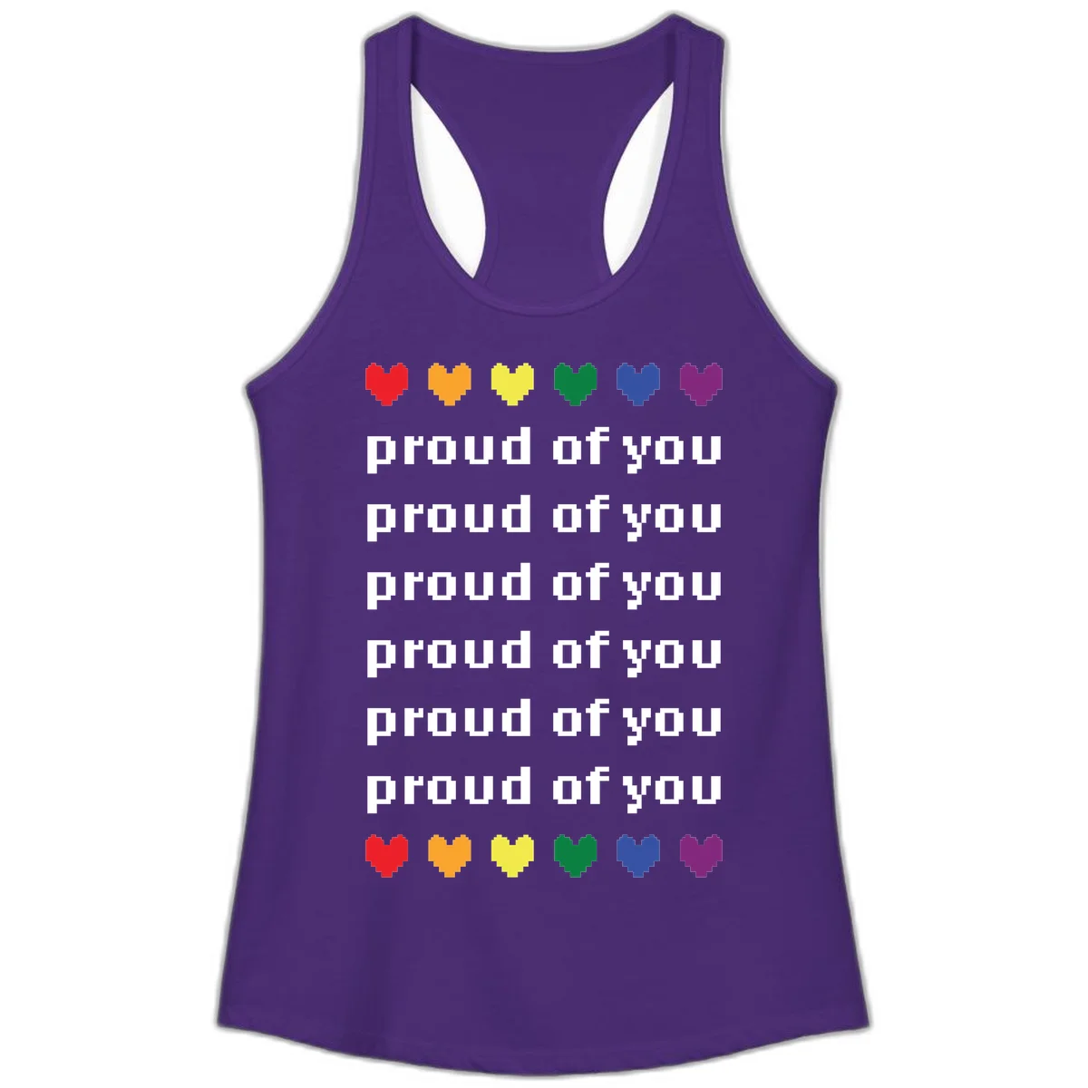 Pixelated rainbow hearts in pride flag colors with repeated 'proud of you' text on gray background in Solid Purple Rush