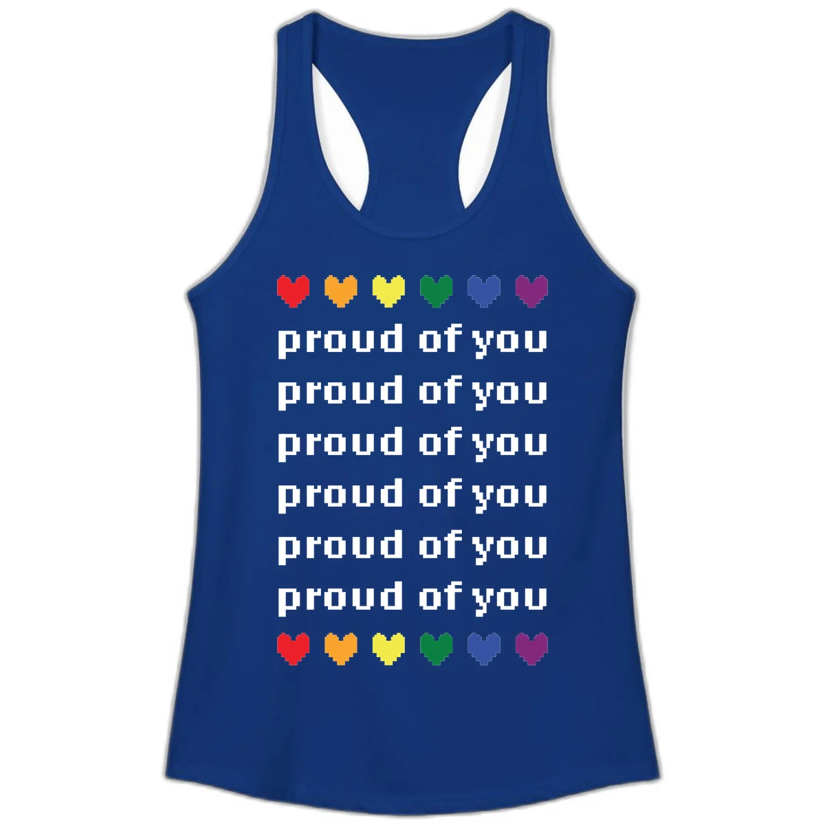 Pixelated rainbow hearts in pride flag colors with repeated 'proud of you' text on gray background in Solid Royal