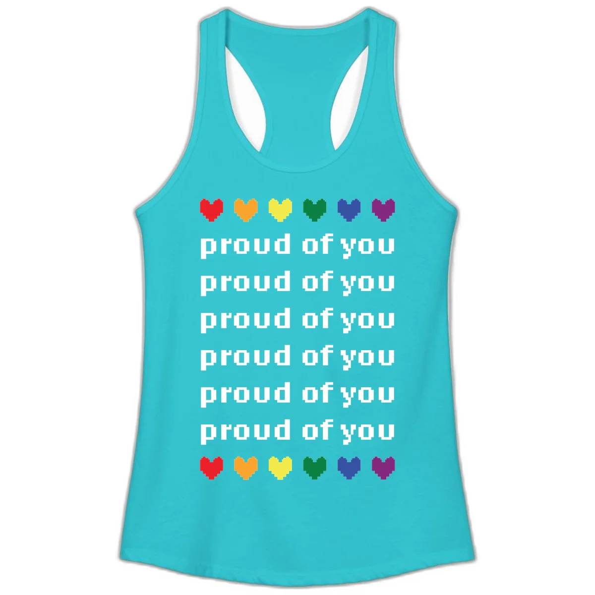 Pixelated rainbow hearts in pride flag colors with repeated 'proud of you' text on gray background in Solid Tahiti Blue
