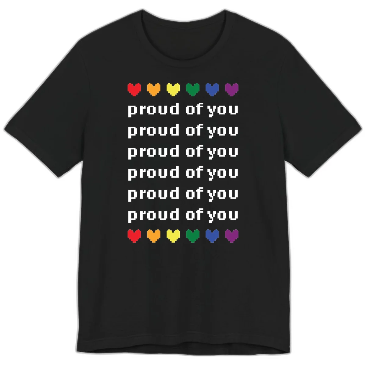 Pixelated rainbow hearts in pride flag colors with repeated 'proud of you' text on gray background in Black