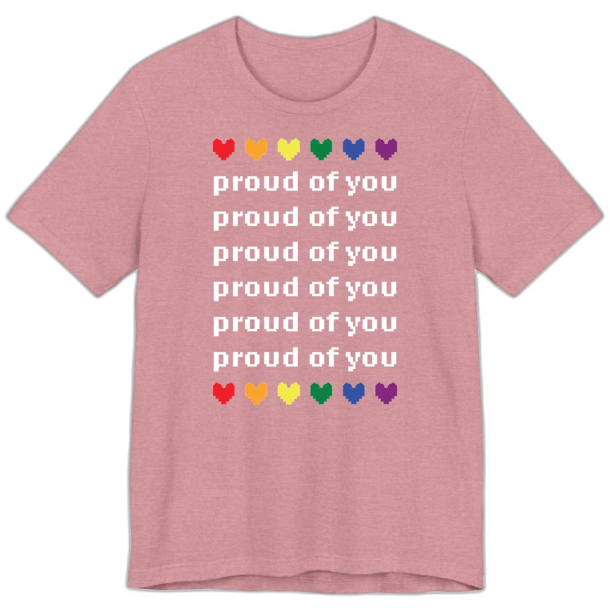 Pixelated rainbow hearts in pride flag colors with repeated 'proud of you' text on gray background in Heather Orchid