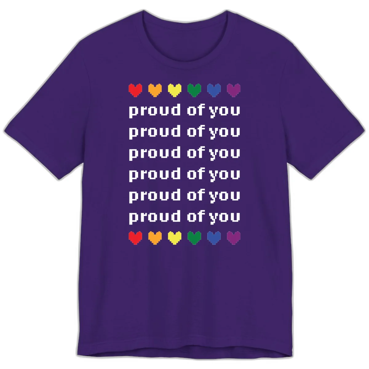 Pixelated rainbow hearts in pride flag colors with repeated 'proud of you' text on gray background in Team Purple