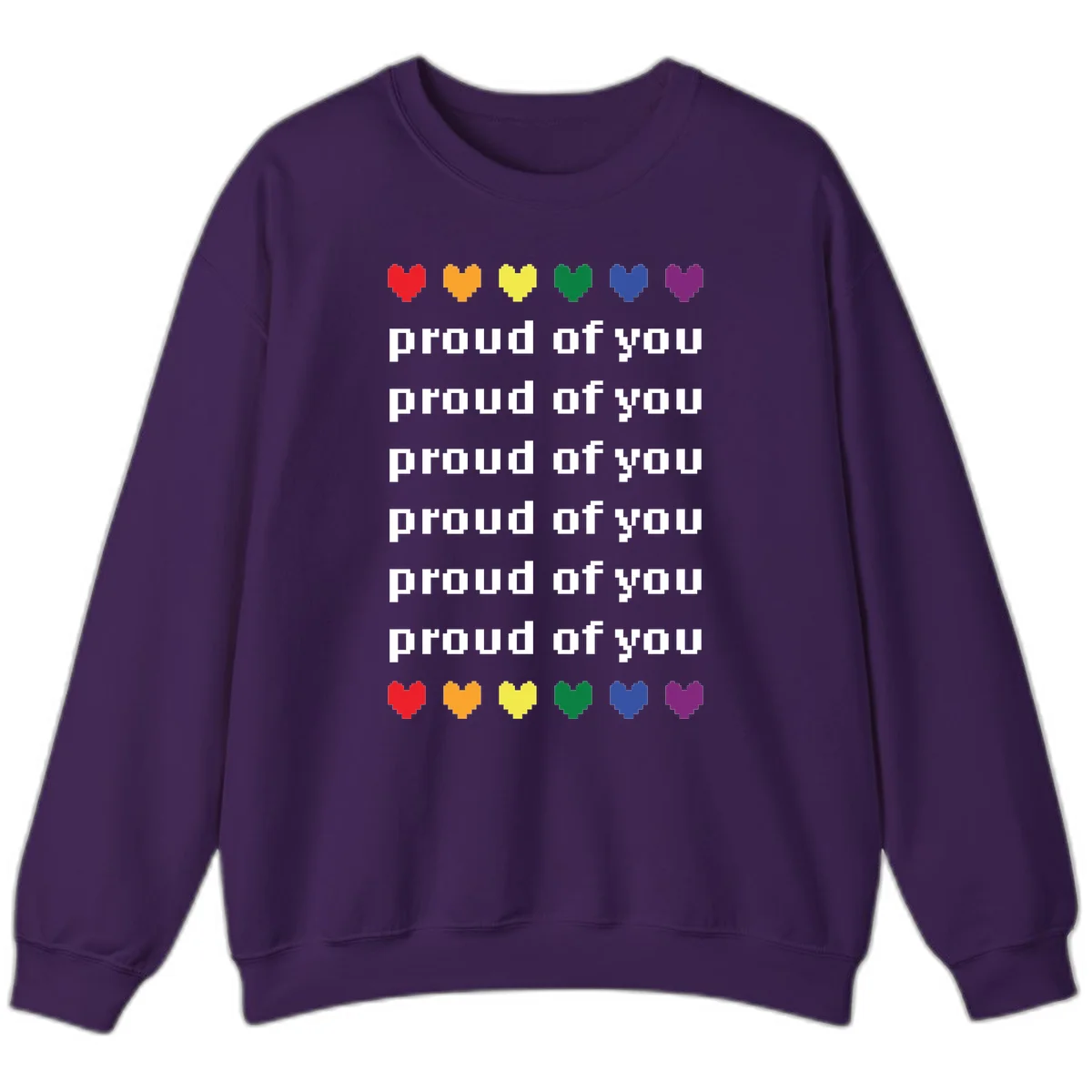 Pixelated rainbow hearts in pride flag colors with repeated 'proud of you' text on gray background in Purple