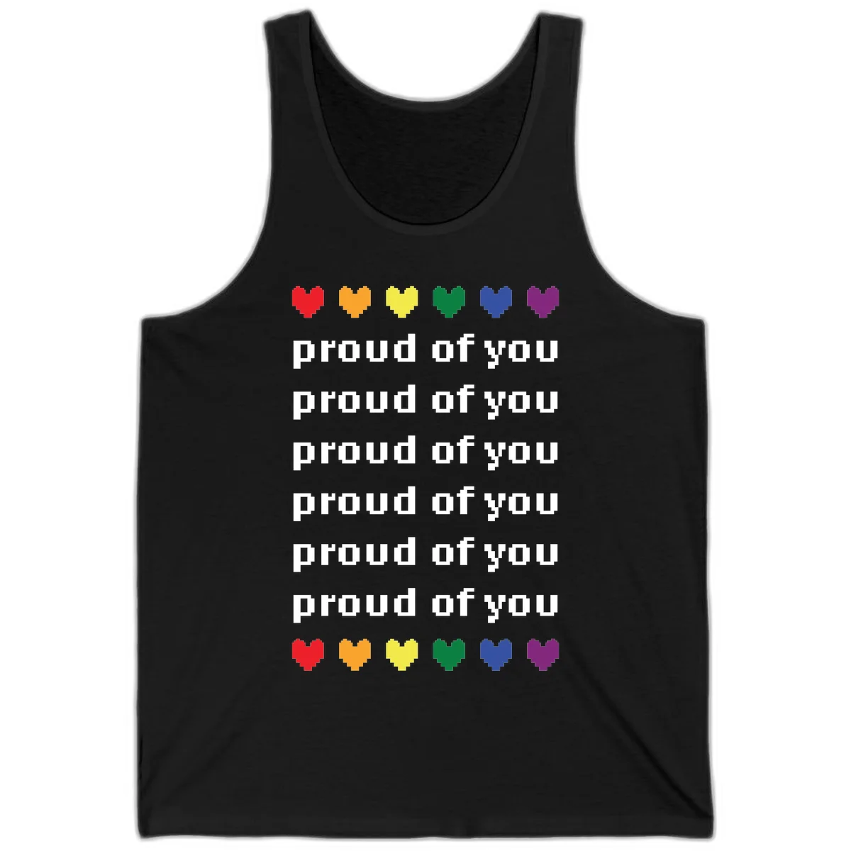 Pixelated rainbow hearts in pride flag colors with repeated 'proud of you' text on gray background in Black