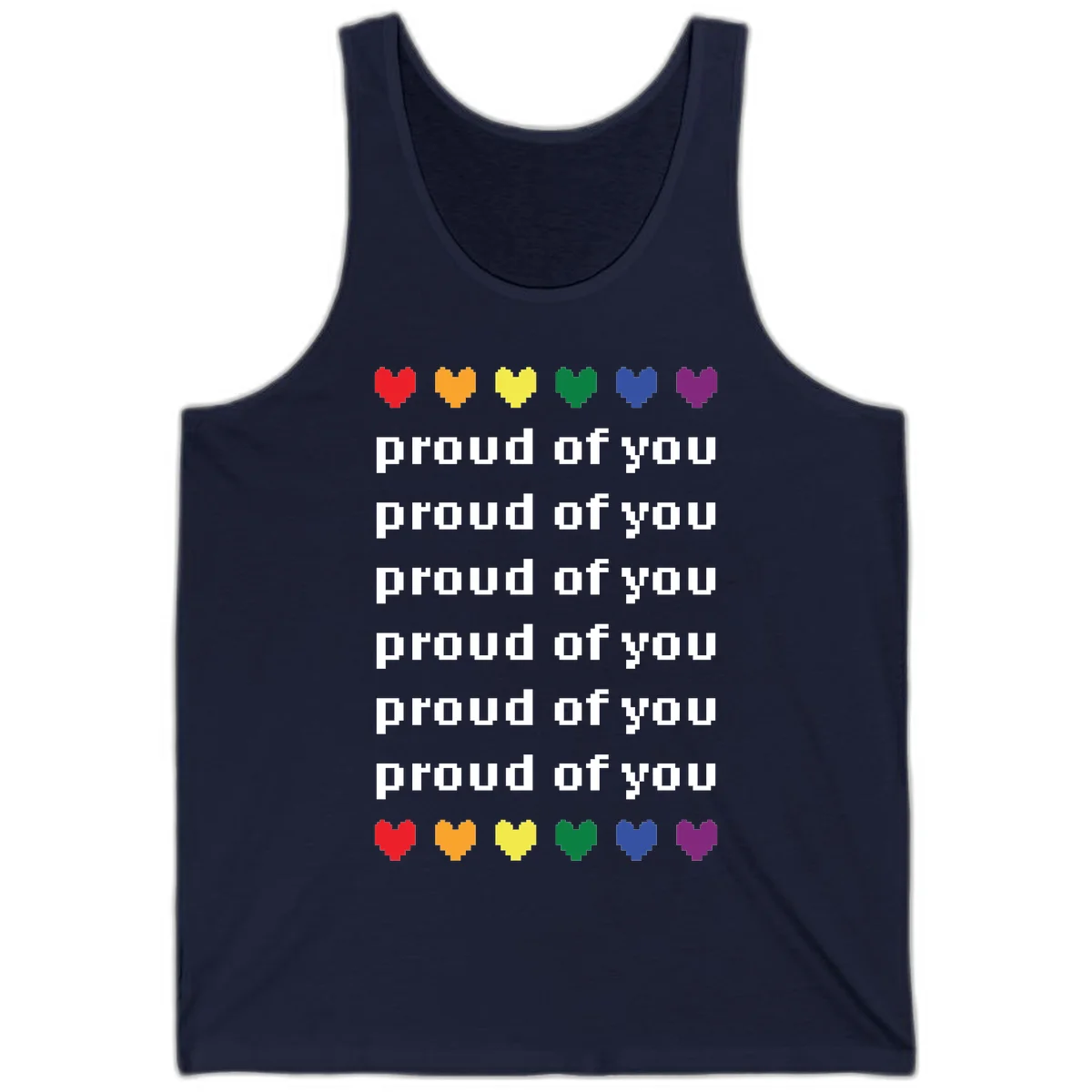 Pixelated rainbow hearts in pride flag colors with repeated 'proud of you' text on gray background in Navy