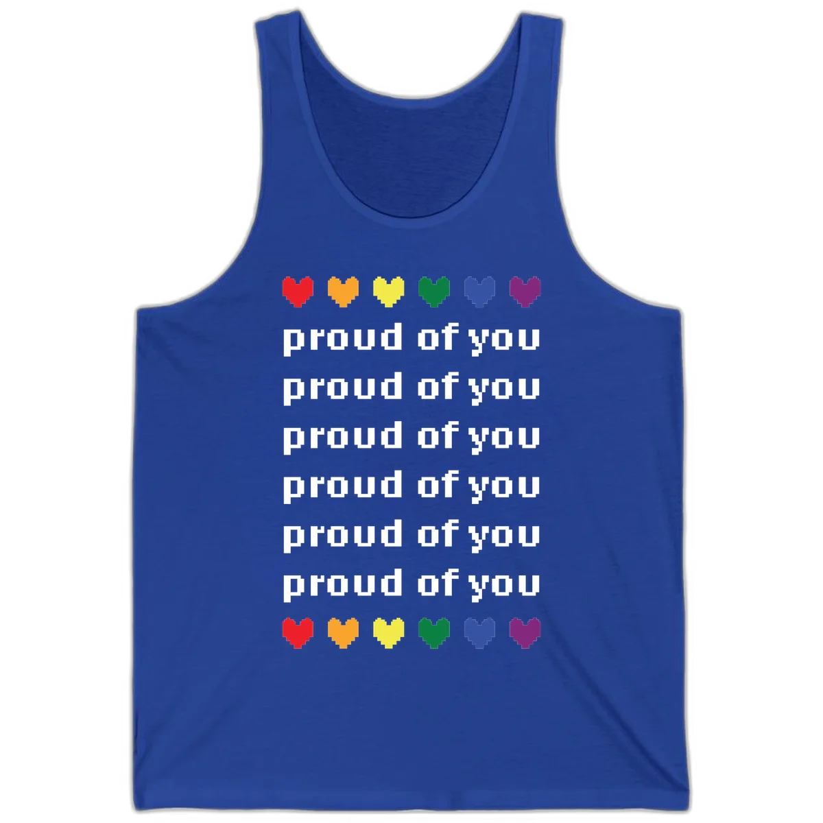 Pixelated rainbow hearts in pride flag colors with repeated 'proud of you' text on gray background in True Royal