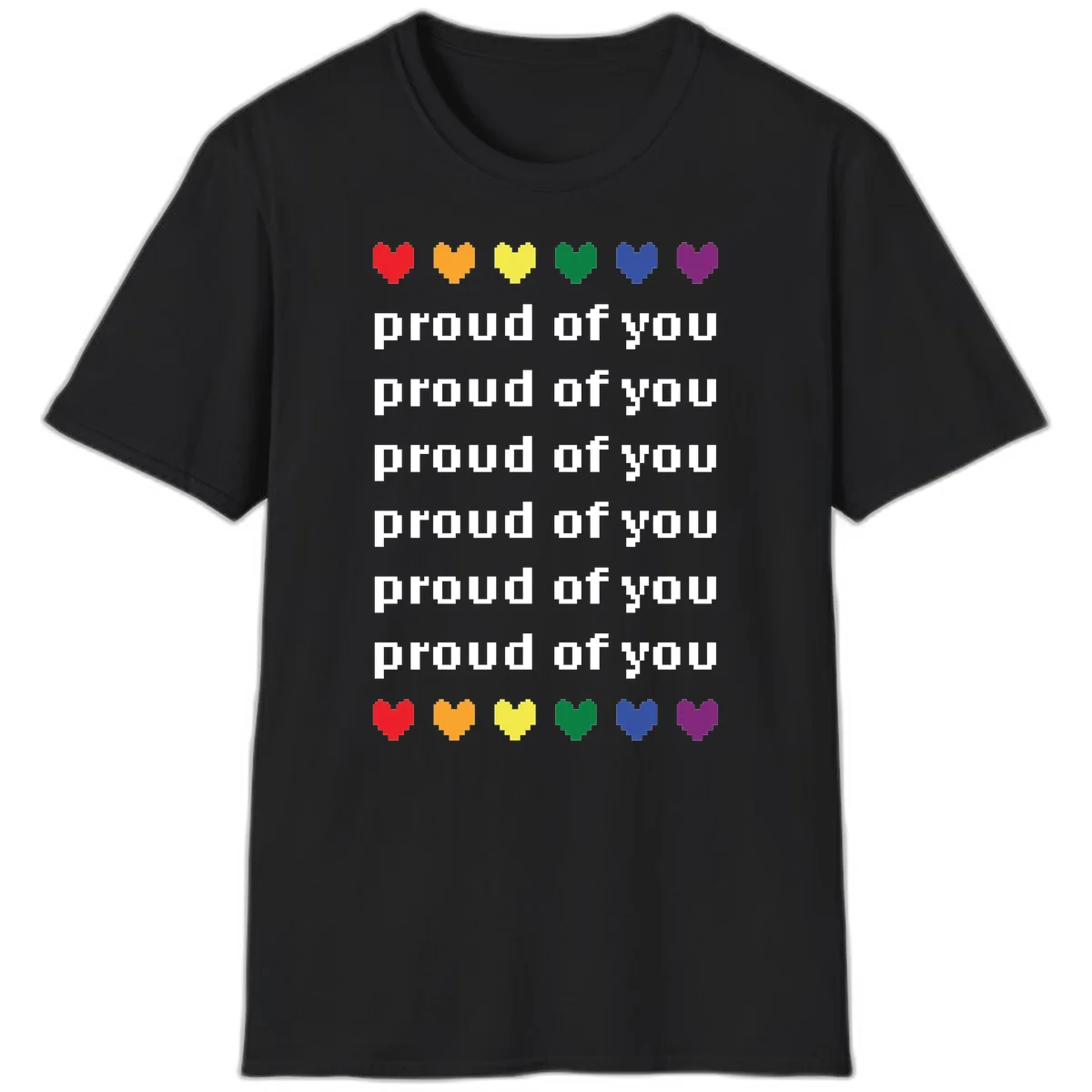 Pixelated rainbow hearts in pride flag colors with repeated 'proud of you' text on gray background in Black