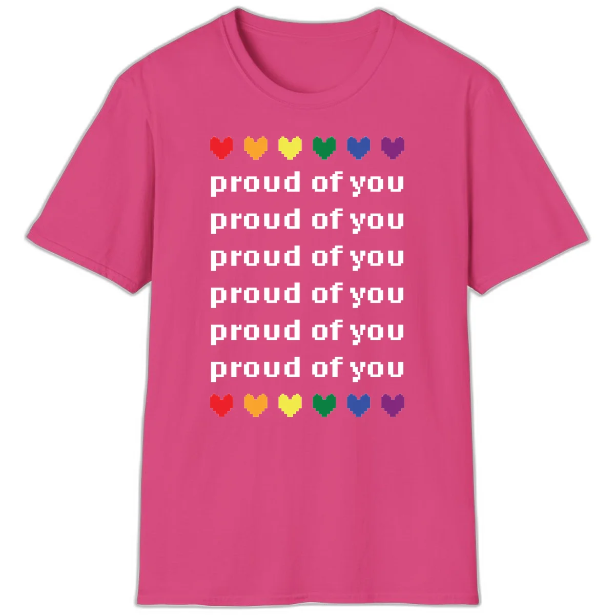 Pixelated rainbow hearts in pride flag colors with repeated 'proud of you' text on gray background in Heliconia