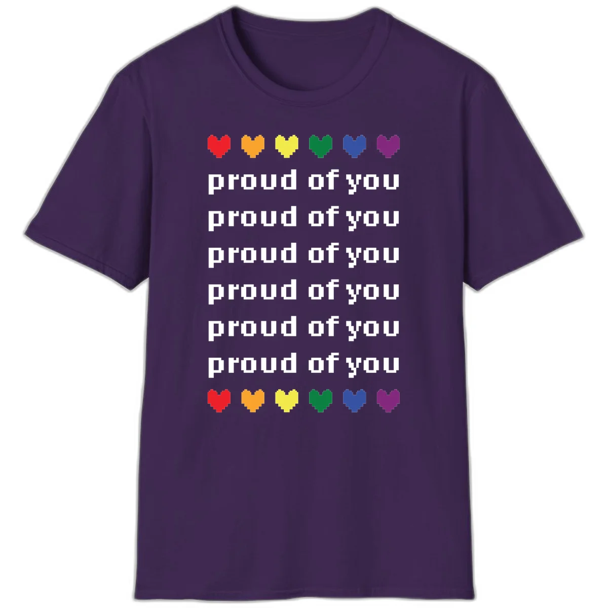 Pixelated rainbow hearts in pride flag colors with repeated 'proud of you' text on gray background in Purple