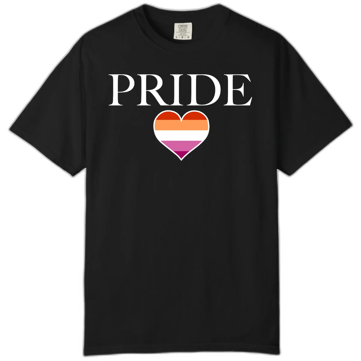 Pride flag heart design with red, orange, white, pink and magenta horizontal stripes and PRIDE text above in Black