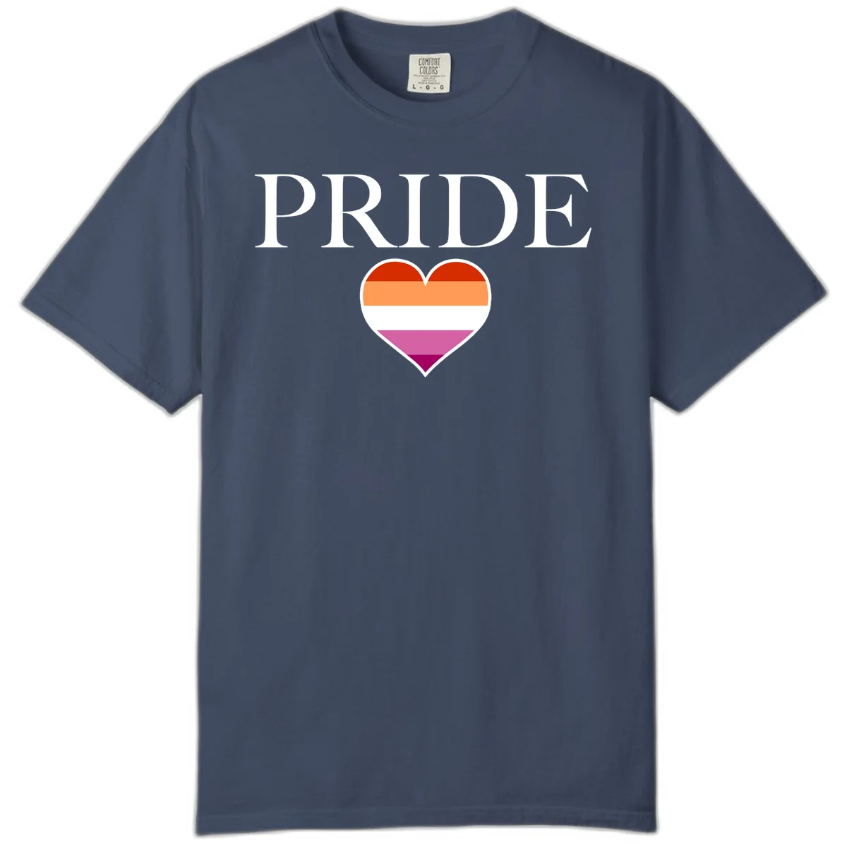 Pride flag heart design with red, orange, white, pink and magenta horizontal stripes and PRIDE text above in Midnight