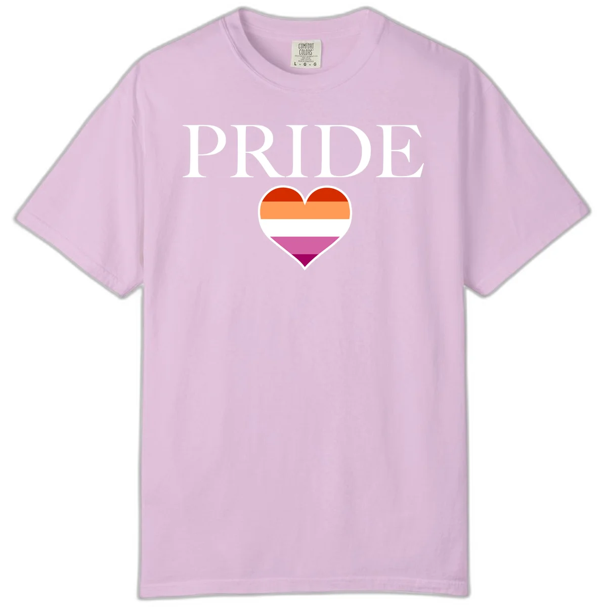 Pride flag heart design with red, orange, white, pink and magenta horizontal stripes and PRIDE text above in Orchid
