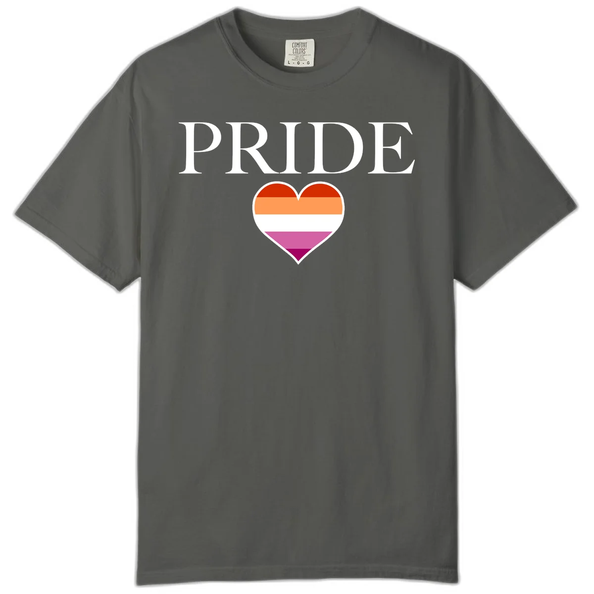 Pride flag heart design with red, orange, white, pink and magenta horizontal stripes and PRIDE text above in Pepper