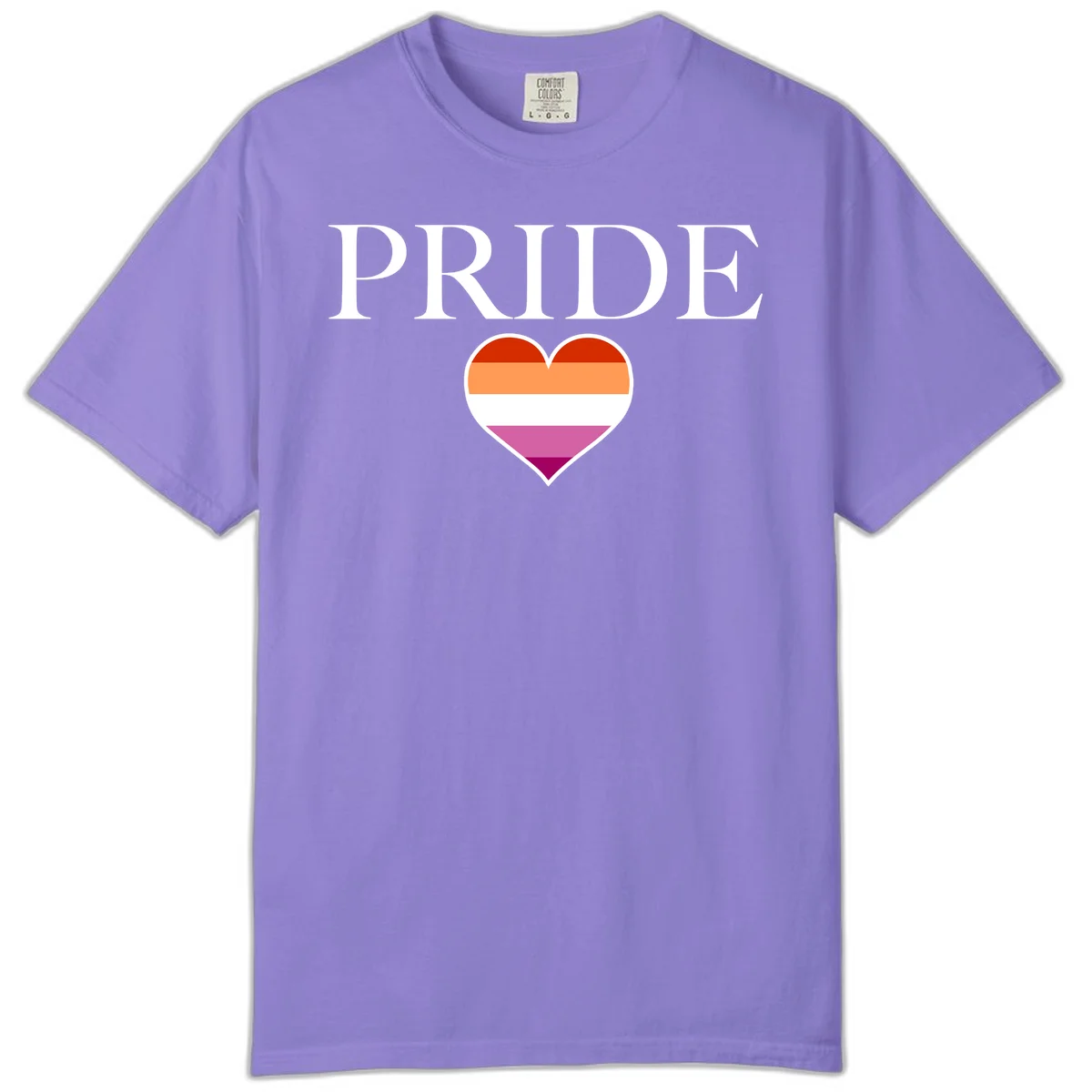 Pride flag heart design with red, orange, white, pink and magenta horizontal stripes and PRIDE text above in Violet