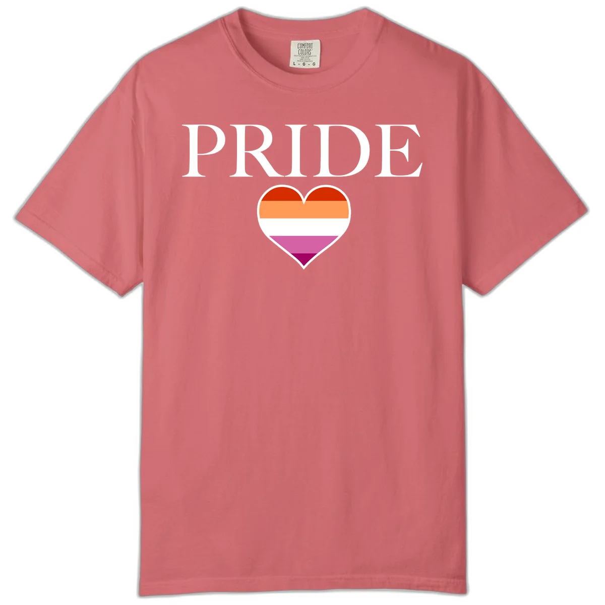 Pride flag heart design with red, orange, white, pink and magenta horizontal stripes and PRIDE text above in Watermelon