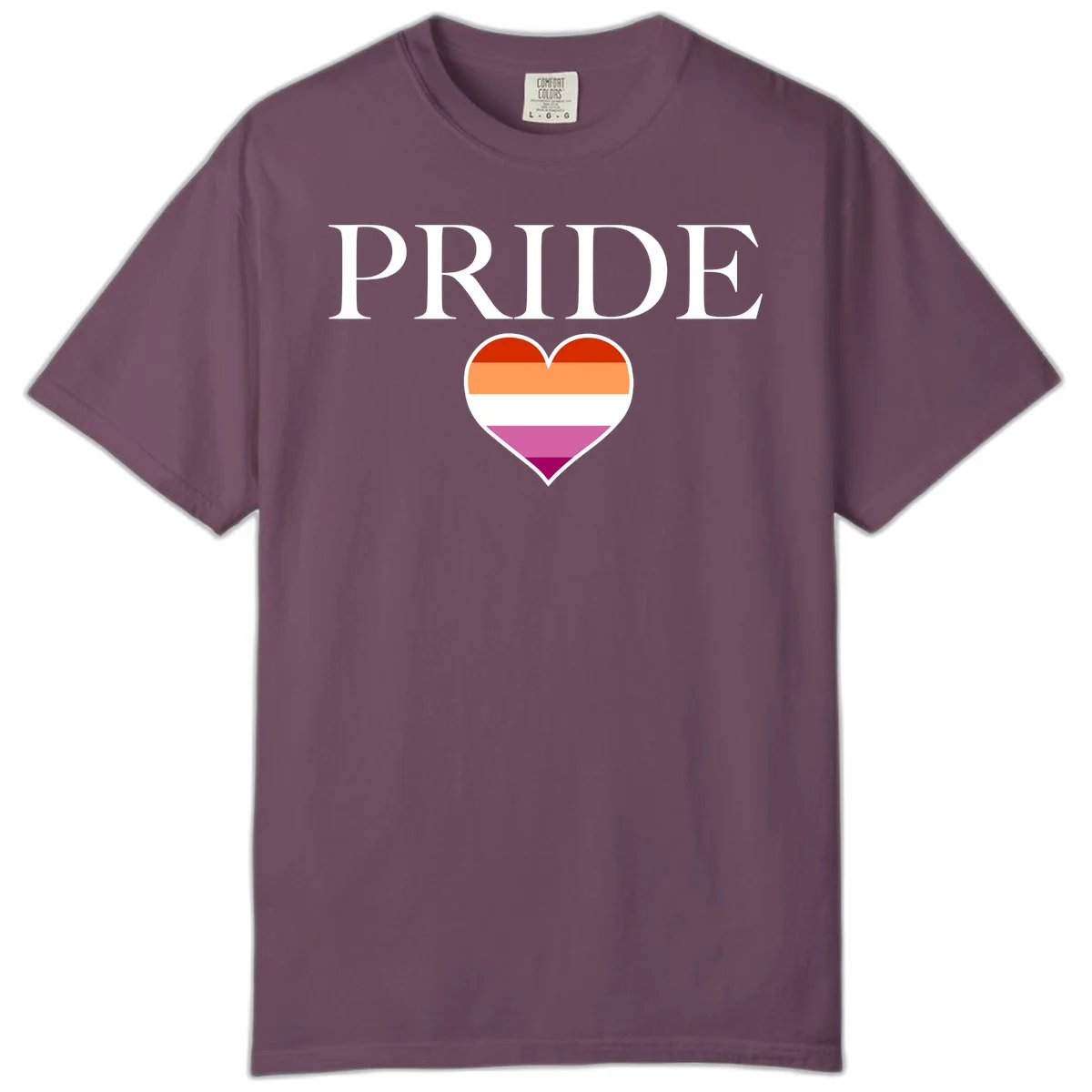 Pride flag heart design with red, orange, white, pink and magenta horizontal stripes and PRIDE text above in Berry