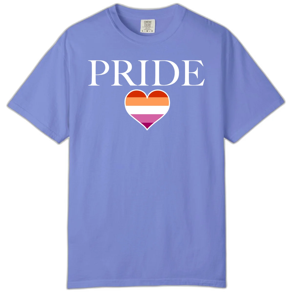 Pride flag heart design with red, orange, white, pink and magenta horizontal stripes and PRIDE text above in Flo Blue