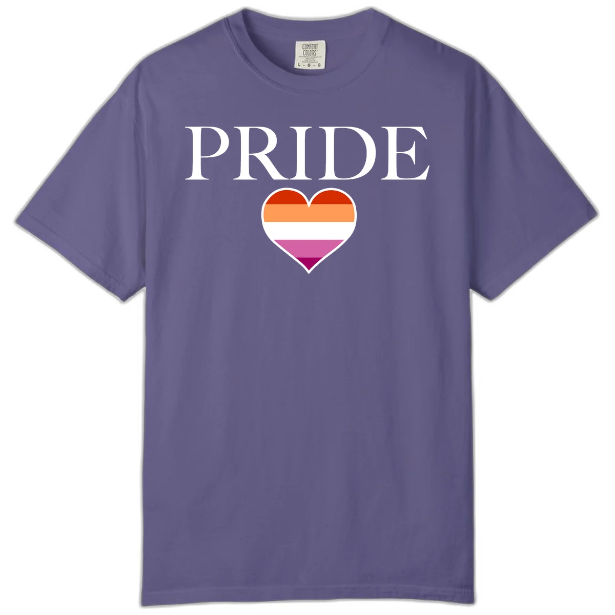 Pride flag heart design with red, orange, white, pink and magenta horizontal stripes and PRIDE text above in Grape