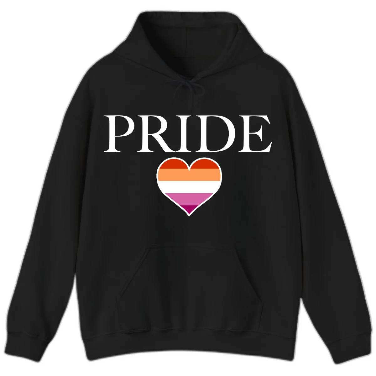 Pride flag heart design with red, orange, white, pink and magenta horizontal stripes and PRIDE text above in Black