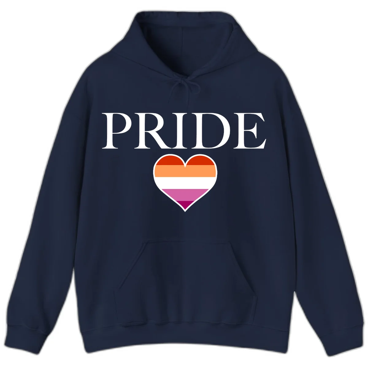 Pride flag heart design with red, orange, white, pink and magenta horizontal stripes and PRIDE text above in Navy