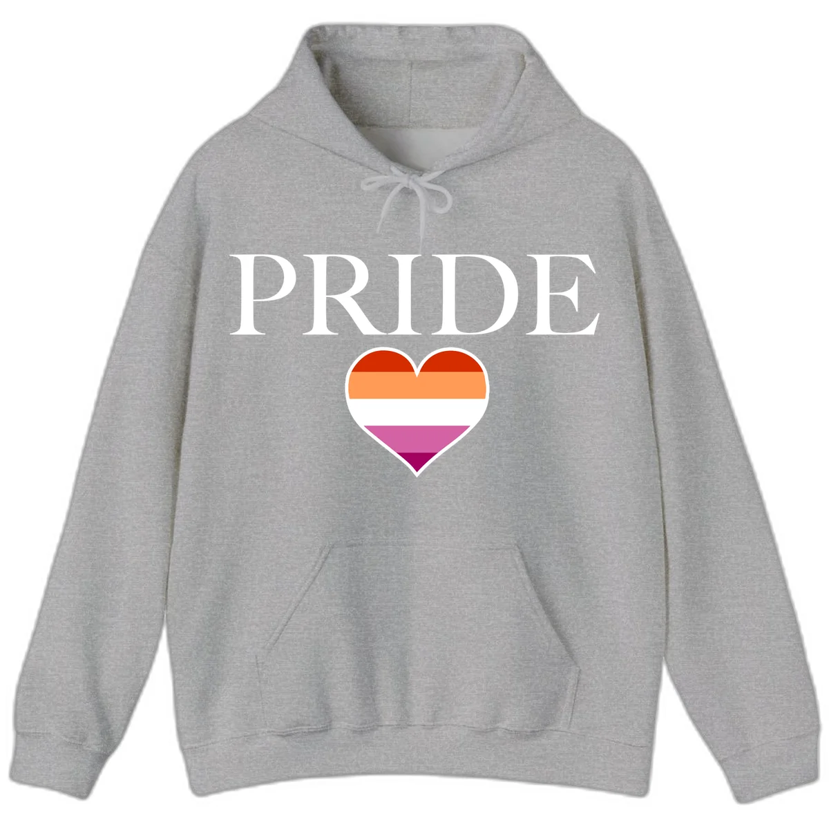 Pride flag heart design with red, orange, white, pink and magenta horizontal stripes and PRIDE text above in Sport Grey